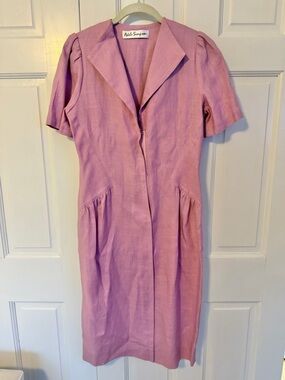 Vintage Adele Simpson Linen Dress Size‎ 10 Pink Midi Tailored Short Sleeve